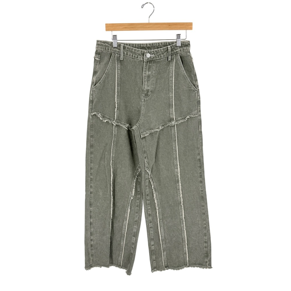 Cider Wide Leg Jeans Olive Green L Distressed Raw Hem Patchwork Streetwear Y2K